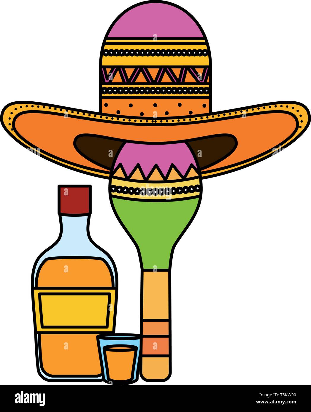 Maraca con sombrero mexicano y botella de tequila ilustración vectorial  diseño Imagen Vector de stock - Alamy