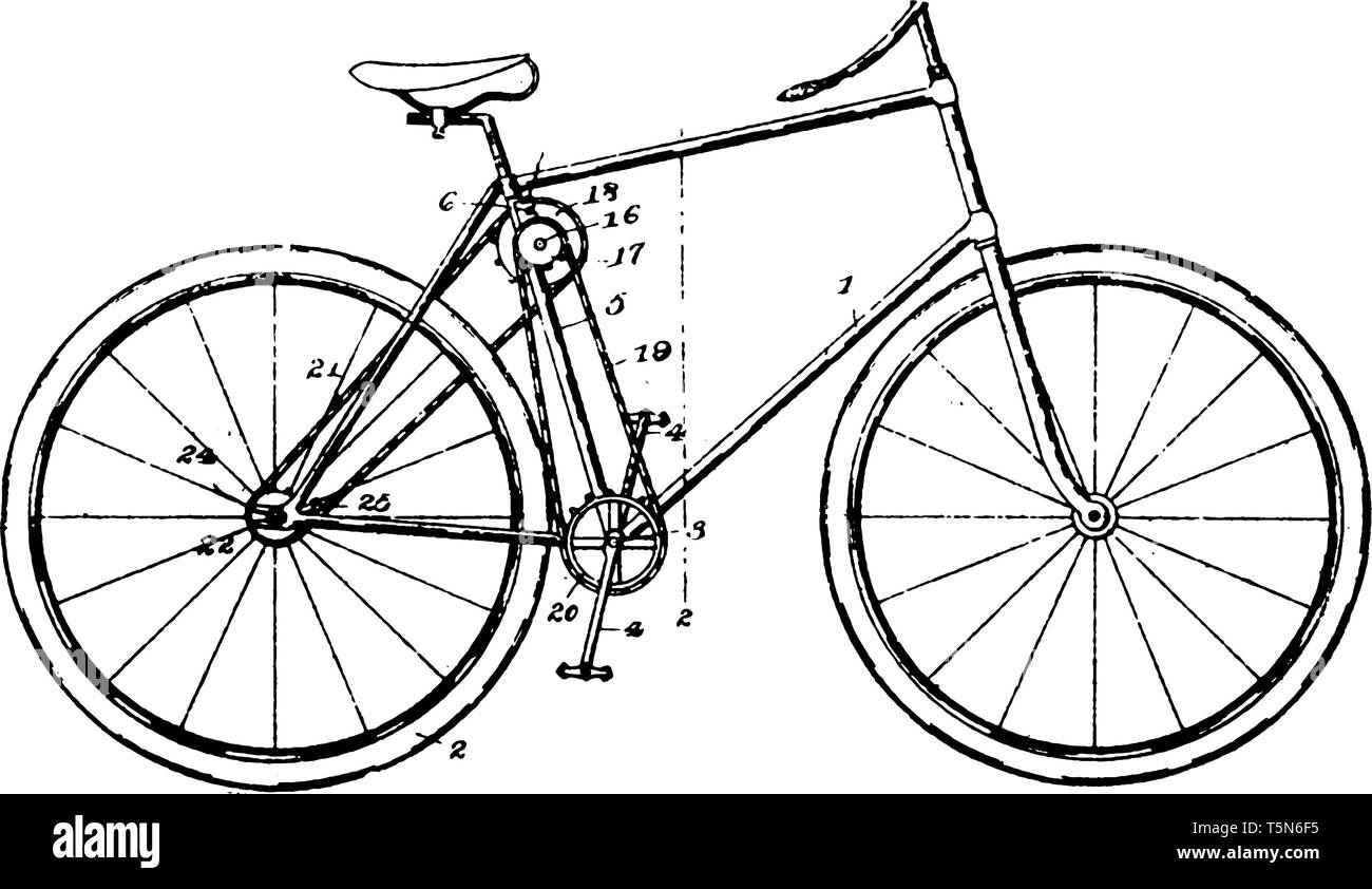 Combinación de bicicleta impulsada por cadena utilizados para llevar a cabo  el resto de la trama dependiendo de los operadores punto de dirección,  línea vintage de dibujo o ingr Imagen Vector de