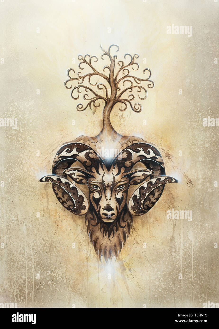 La pintura decorativa de Aries, animal sagrado símbolo y árbol de la vida  Fotografía de stock - Alamy