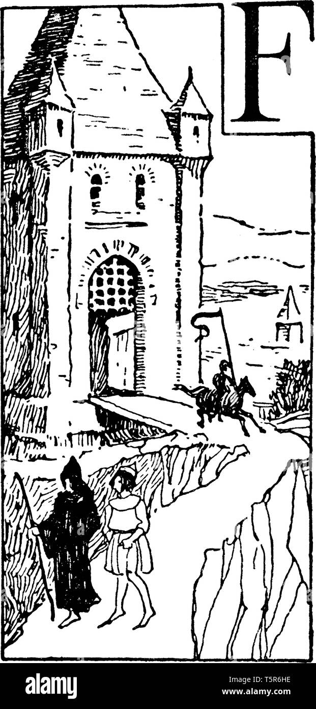 Edad Media que un castillo y diferentes clases de personas en la Europa medieval, la línea vintage de dibujo o ilustración de grabado. Ilustración del Vector
