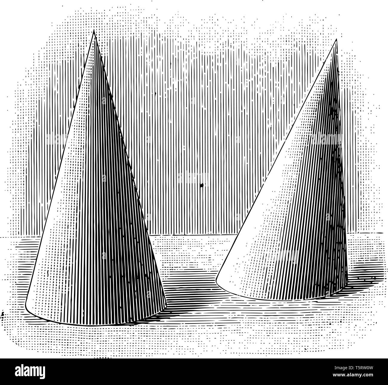 La imagen muestra dos conos. Uno está en un ángulo recto y la segunda en un  ángulo oblicuo, grabado o dibujo de línea vintage de la ilustración Imagen  Vector de stock -