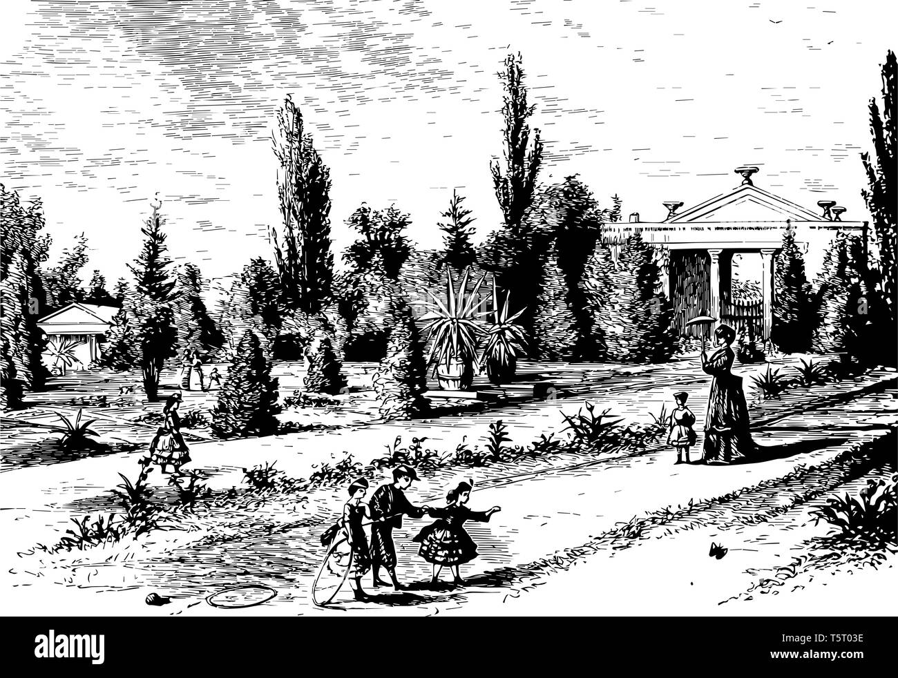 El Jardín Botánico de Missouri, fundada en 1859, es uno de los más antiguo jardín botánico también conocido como jardín Shaws línea vintage de dibujo. Ilustración del Vector