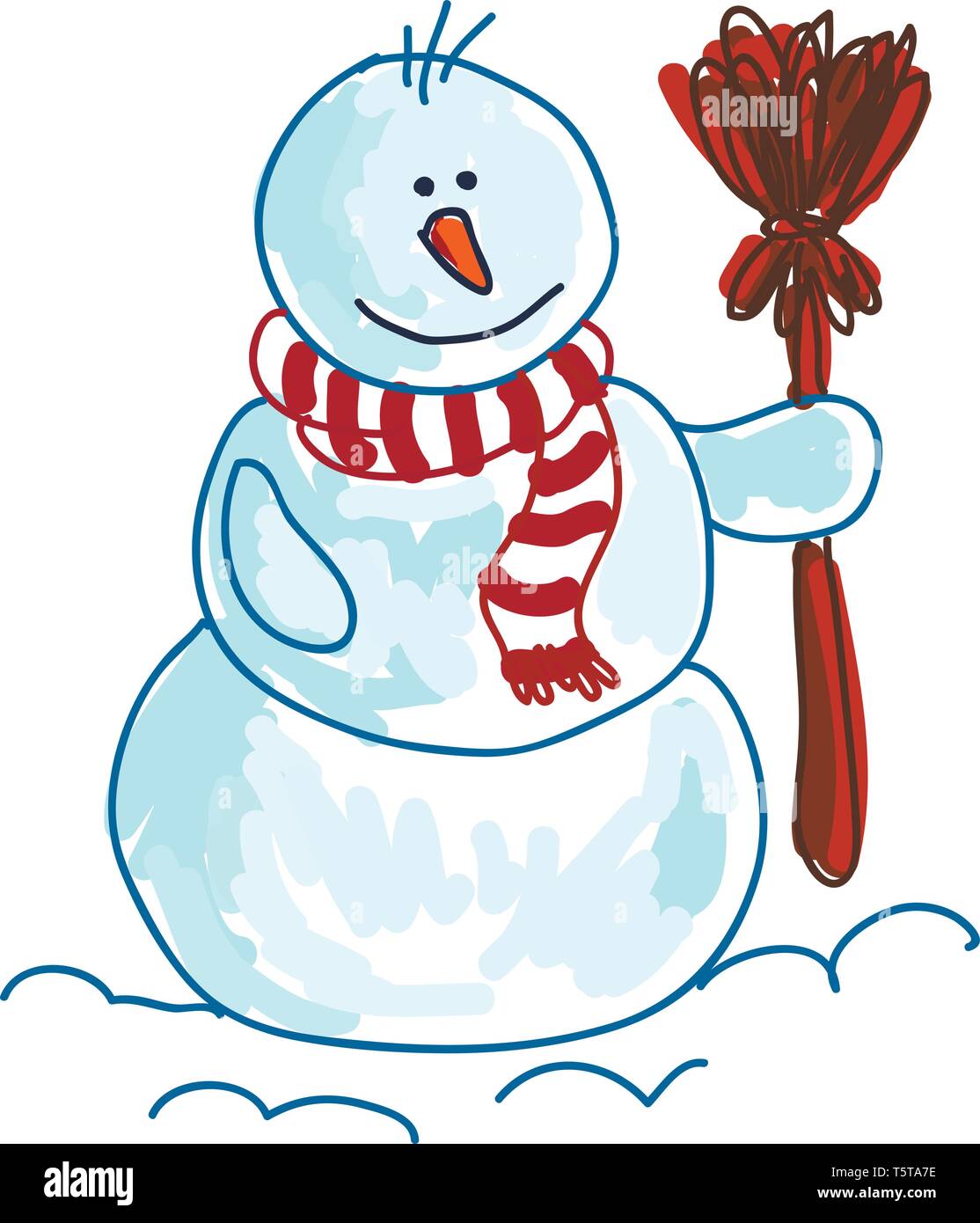 Un dibujo de un muñeco de nieve vistiendo un silenciador de rayas rojas y  blancas y sosteniendo una escoba en una mano de color rojo el color de  dibujo o ilustración vectorial
