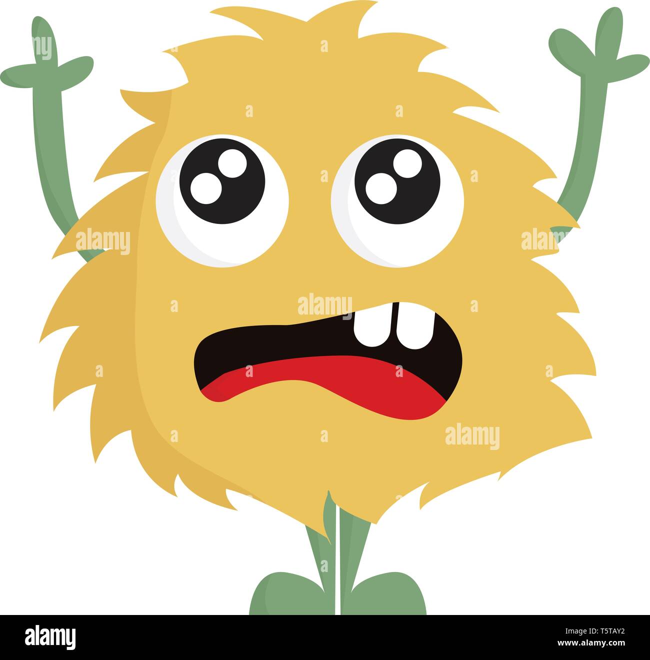 Una Caricatura Del Monstruo Verde Amarillo Con Pies Y Manos Tiene Grandes Ojos Enrollado Y Dos Dientes Como Pequenos Palitos De Helados Mira Asustado Vector O Dibujo En Color Imagen Vector De