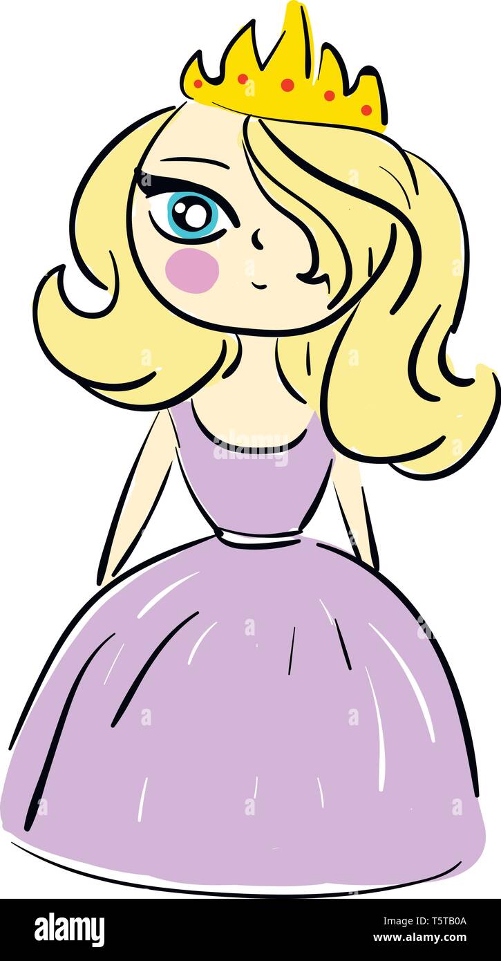 Caricatura de una princesa en violeta vestido con largo pelo rubio