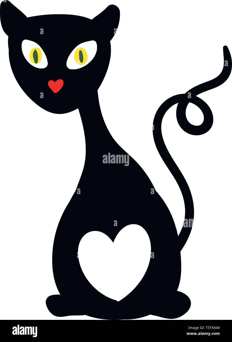Un gato negro con ojos fluorescentes los labios en forma de corazón y se imprimen con un símbolo del corazón de color blanco en su traje negro simboliza el amor color vectoriales DR Ilustración del Vector