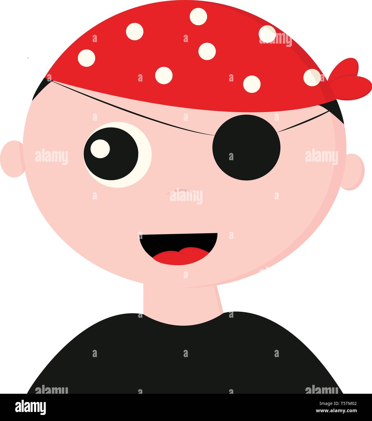 Un guapo busca pirata vestido de negro t-shirt lleva un pañuelo rojo con  lunares blancos y cubiertos de diseño uno de sus ojos con un parche se está  riendo ve Imagen Vector