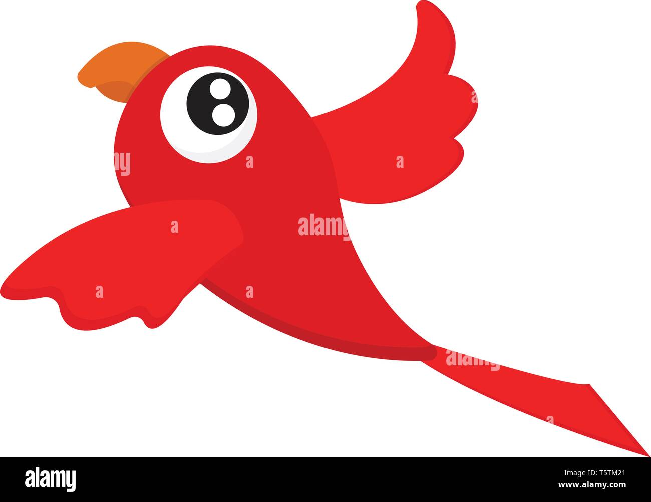 Un pequeño y lindo cartoon loro de color rojo con un cuerpo en forma de pala tiene grandes ojos protruyentes y un arco largo pico naranja está en vuelo color vector dra. Ilustración del Vector