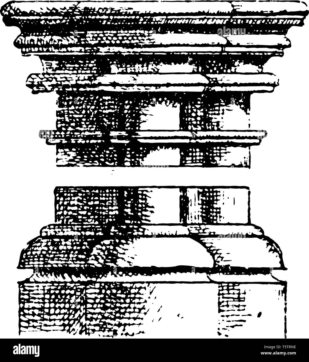 Columna de arquitectura gótica, muestra cómo el capital, la base y la parte superior, serie de círculos que van, medieval, edad media, línea vintage de dibujo o grabado Ilustración del Vector