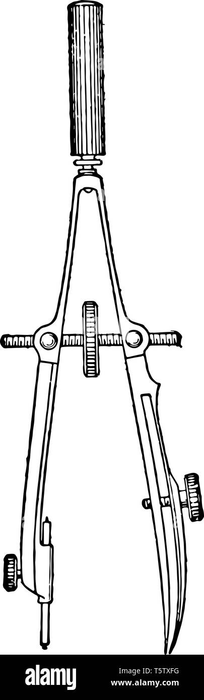 El tornillo central del arco en el centro de la posición de arco bajo la acción del inversor de empuje desde el tornillo línea vintage de dibujo o ilustración de grabado. Ilustración del Vector