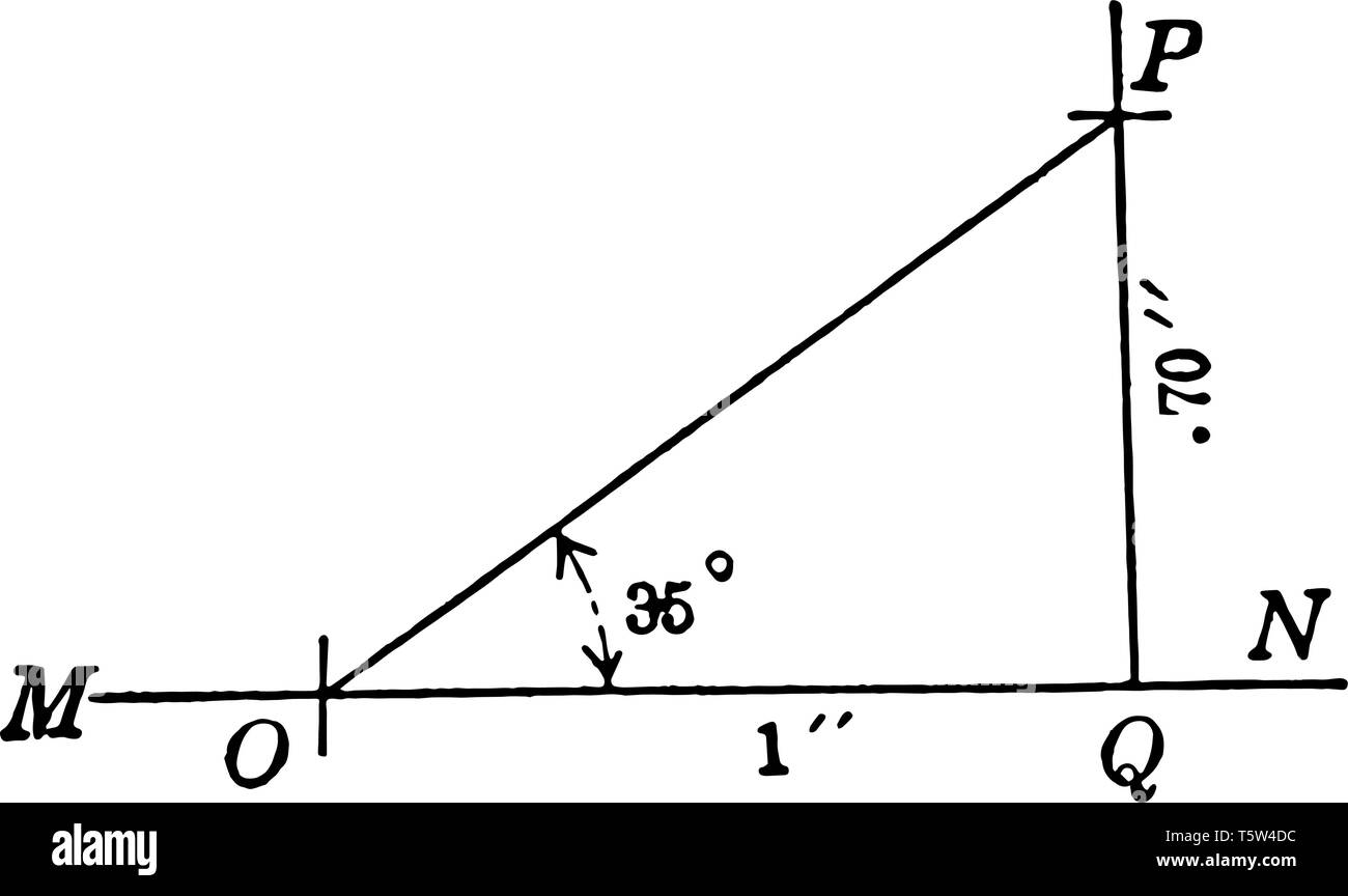 La imagen muestra el triángulo rectángulo con lados 7 y 1 y el ángulo de 35  grados. MN son las líneas horizontales, la línea vintage de dibujo o  grabado illus Imagen Vector