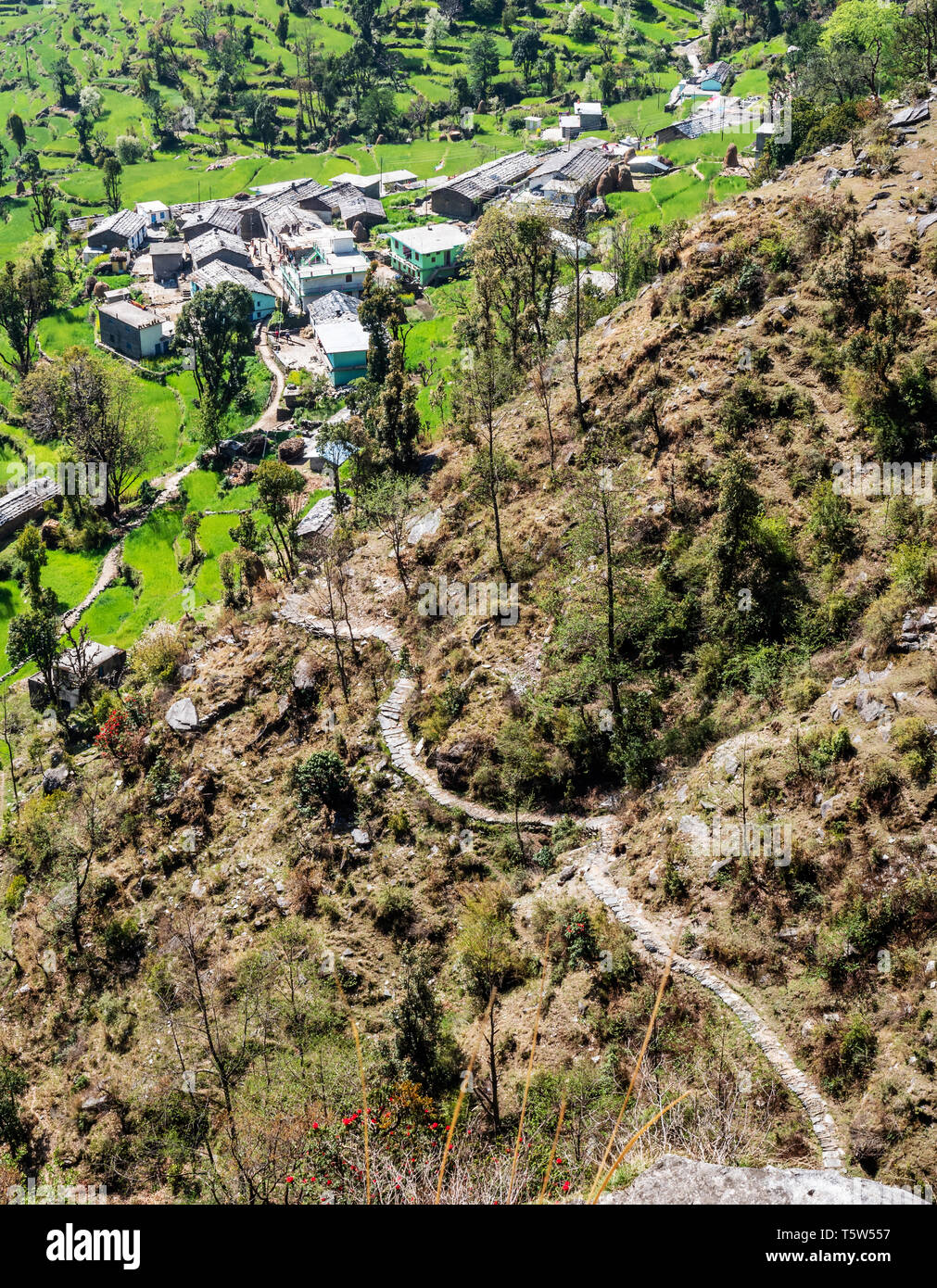 Mirando hacia abajo en la parte inferior de la ' mil pasos ' camino en subida desde el pueblo de Supi en Uttarakhand Himalaya del norte de la India Foto de stock