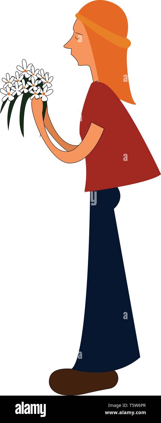 Una chica sujetando una flor blanca con pelo naranja, camiseta roja, pantalón  azul, zapatos marrones y un pañuelo naranja, cartoon, vector, dibujo a  color o illustratio Imagen Vector de stock - Alamy