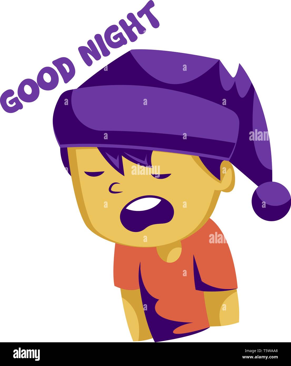 Sleepy Boy amarillo con púrpura durmiendo hat diciendo buenas noches  ilustración vectorial sobre un fondo blanco Imagen Vector de stock - Alamy