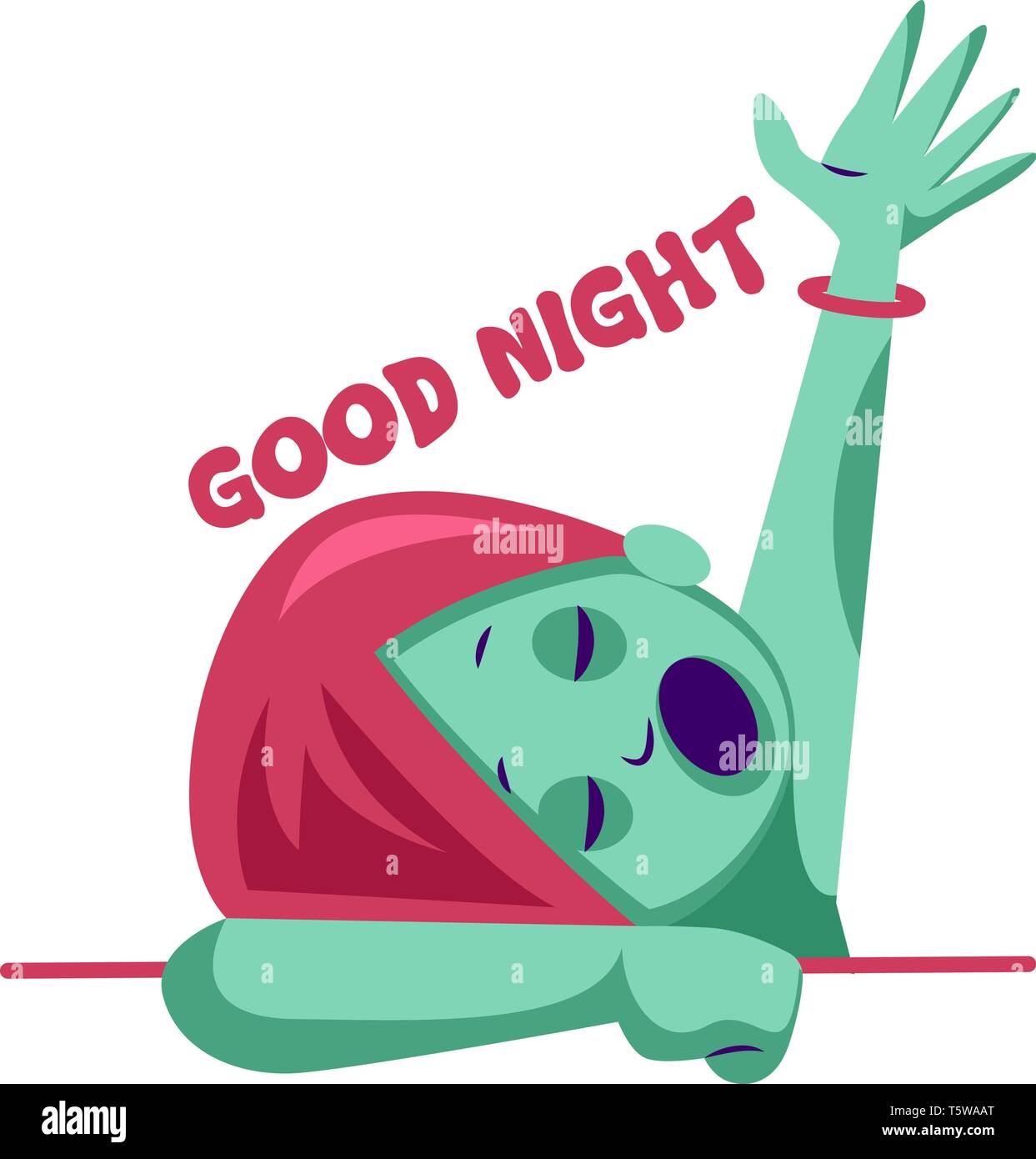 Chica con azul de la piel y el pelo de color rosa levantando la mano y diciendo buenas noches sticker ilustración vectorial sobre un fondo blanco. Ilustración del Vector