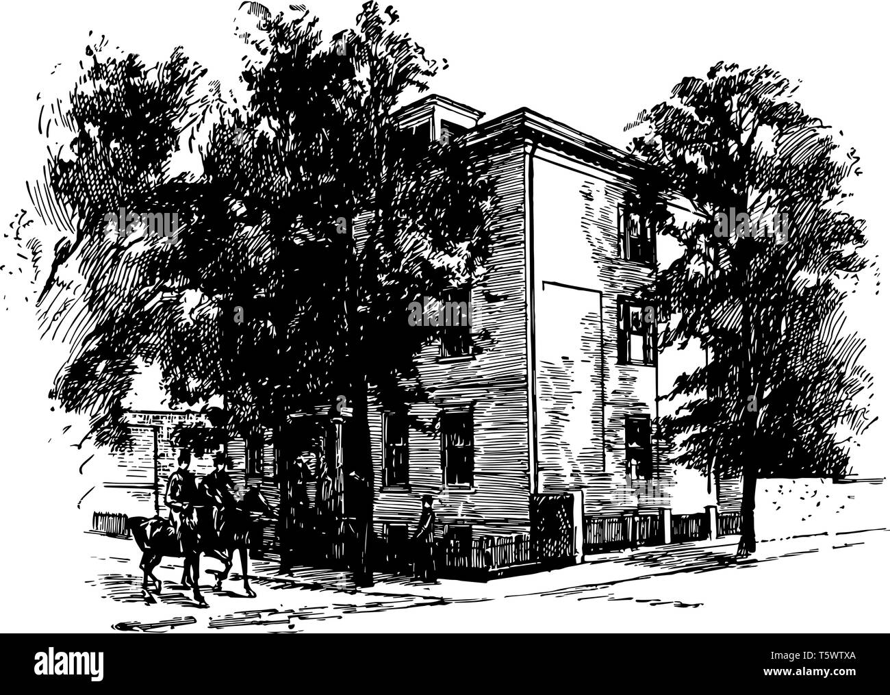 La imagen muestra el hogar de Jefferson Davis en Richmond. La casa es absorbido por los árboles. La casa tiene cercas de piquetes. Dos Equestrians están pasando de Ilustración del Vector
