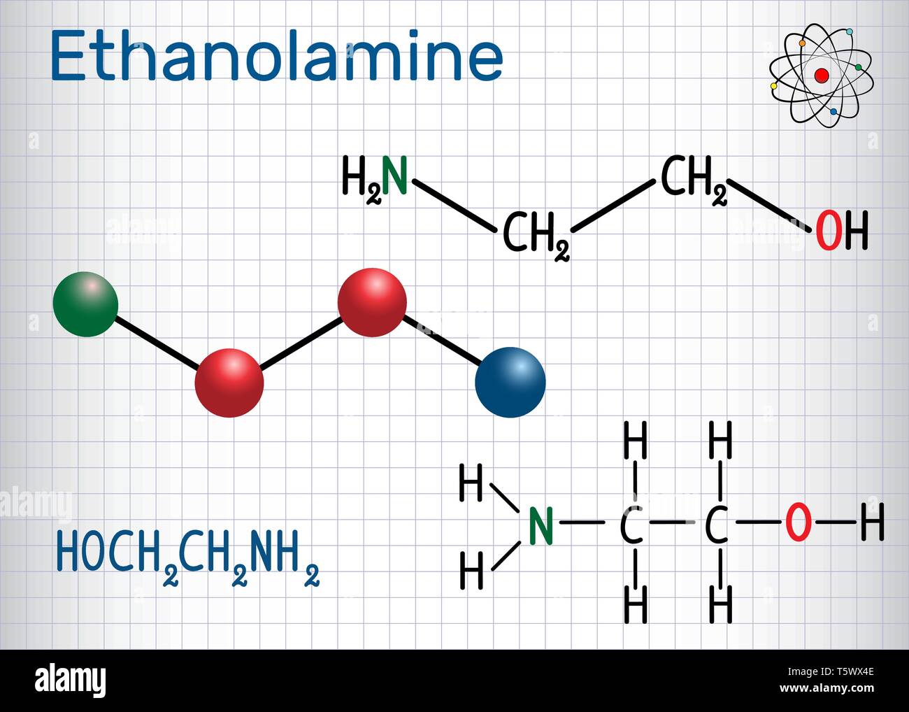 La etanolamina (ETA o molécula MEA) . Es una amina primaria y un alcohol  primario. Hoja de papel, en una jaula. Fórmula química estructural y  molécula Imagen Vector de stock - Alamy