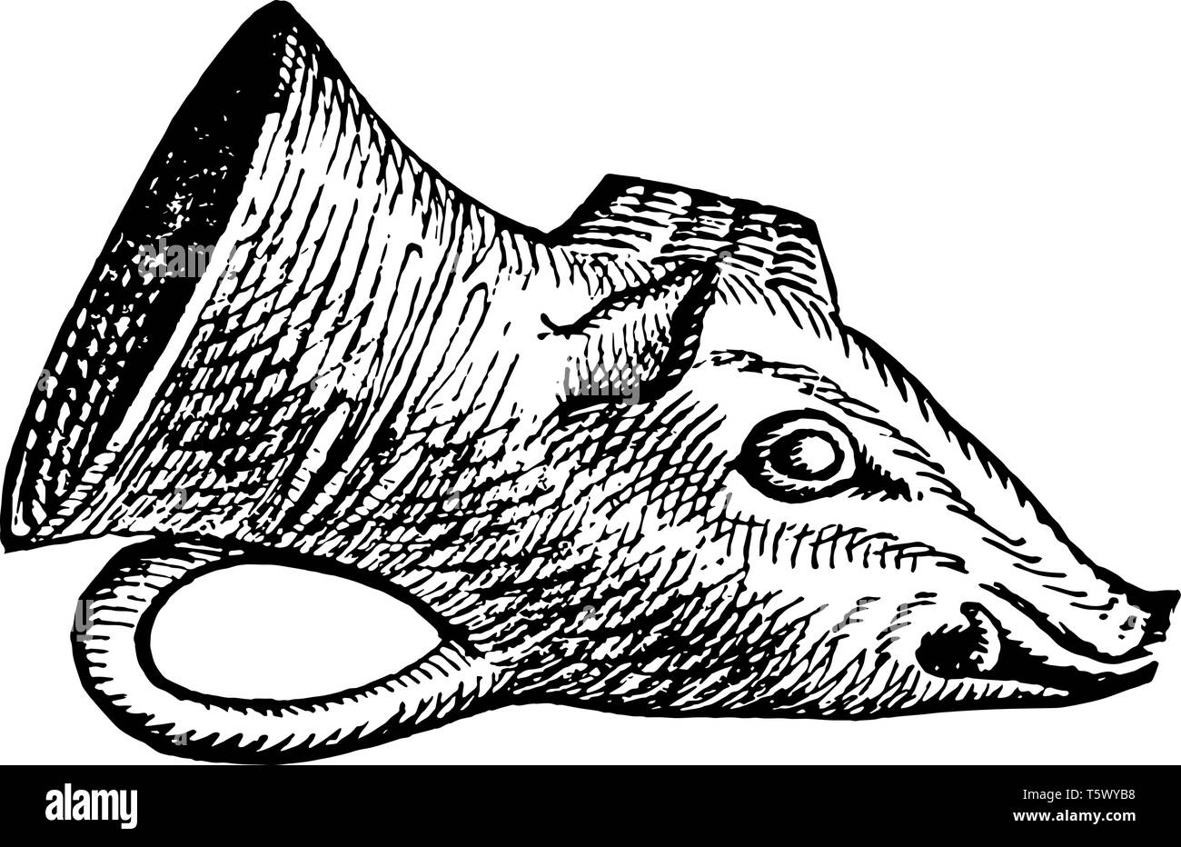 Rhyton es un tipo de vaso ceremonial, su forma de una cabeza de animal o bocina, línea vintage de dibujo o grabado. Ilustración del Vector