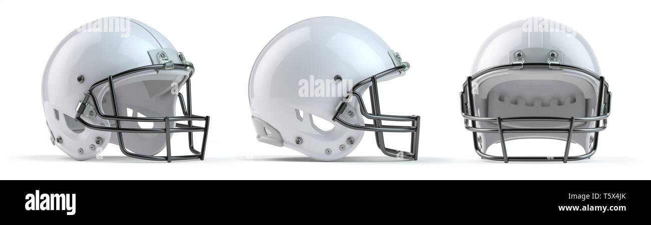 Conjunto de cascos de fútbol americano blanco aislado sobre fondo blanco. Ilustración 3d Foto de stock