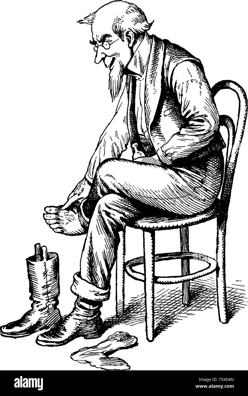 Un hombre sentado en una silla y despegar las botas, línea vintage de  dibujo o ilustración grabado Imagen Vector de stock - Alamy
