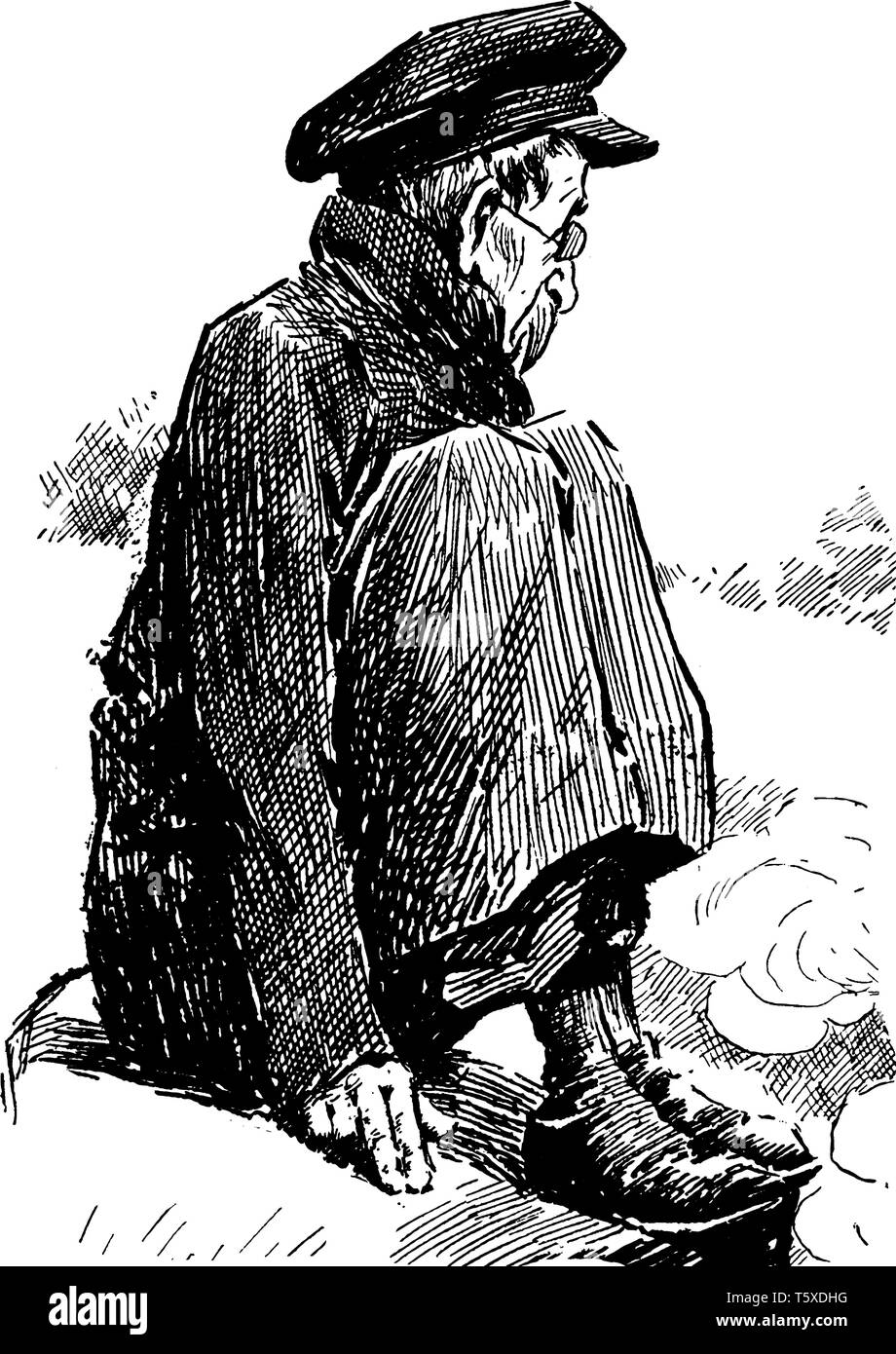 Un hombre con sombrero en la cabeza sentado sobre una roca y mirando algo,  línea vintage de dibujo o ilustración grabado Imagen Vector de stock - Alamy