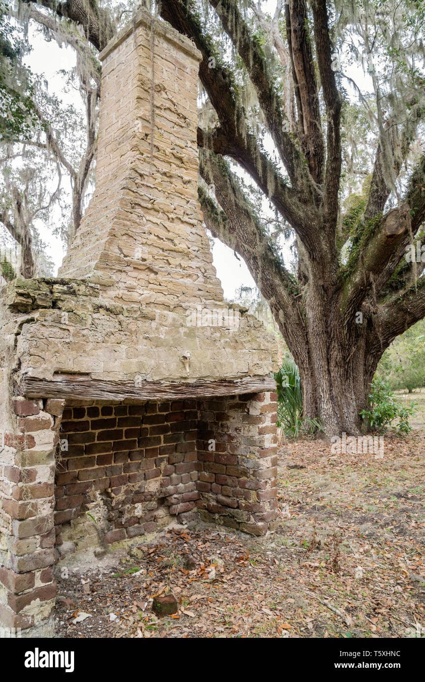 El remanente de la chimenea de una antigua cabaña del esclavo en la plantación de Stafford en Cumberland Island, Georgia - En los tempranos 1800s, Robert Stafford desarrollado ex Foto de stock