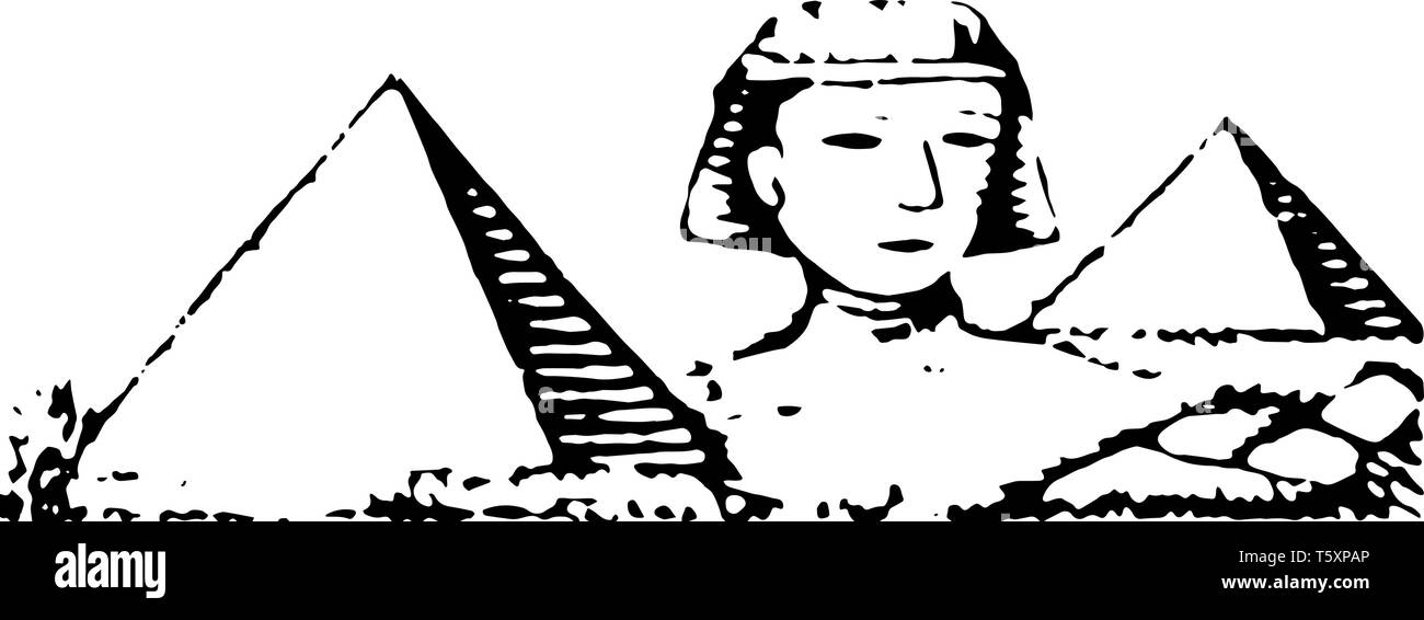 Las pirámides y la esfinge de Giza, la estatua de piedra caliza criatura mítica cuerpo de una cabeza de león de un humano línea vintage de dibujo o ilustración de grabado. Ilustración del Vector