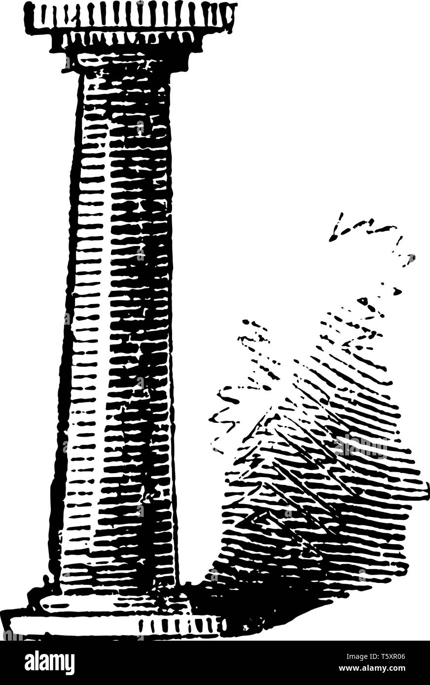 Pilar, piedra, madera, metal, construcción, ornamento, monumento, grabado o dibujo de línea vintage de la ilustración. Ilustración del Vector
