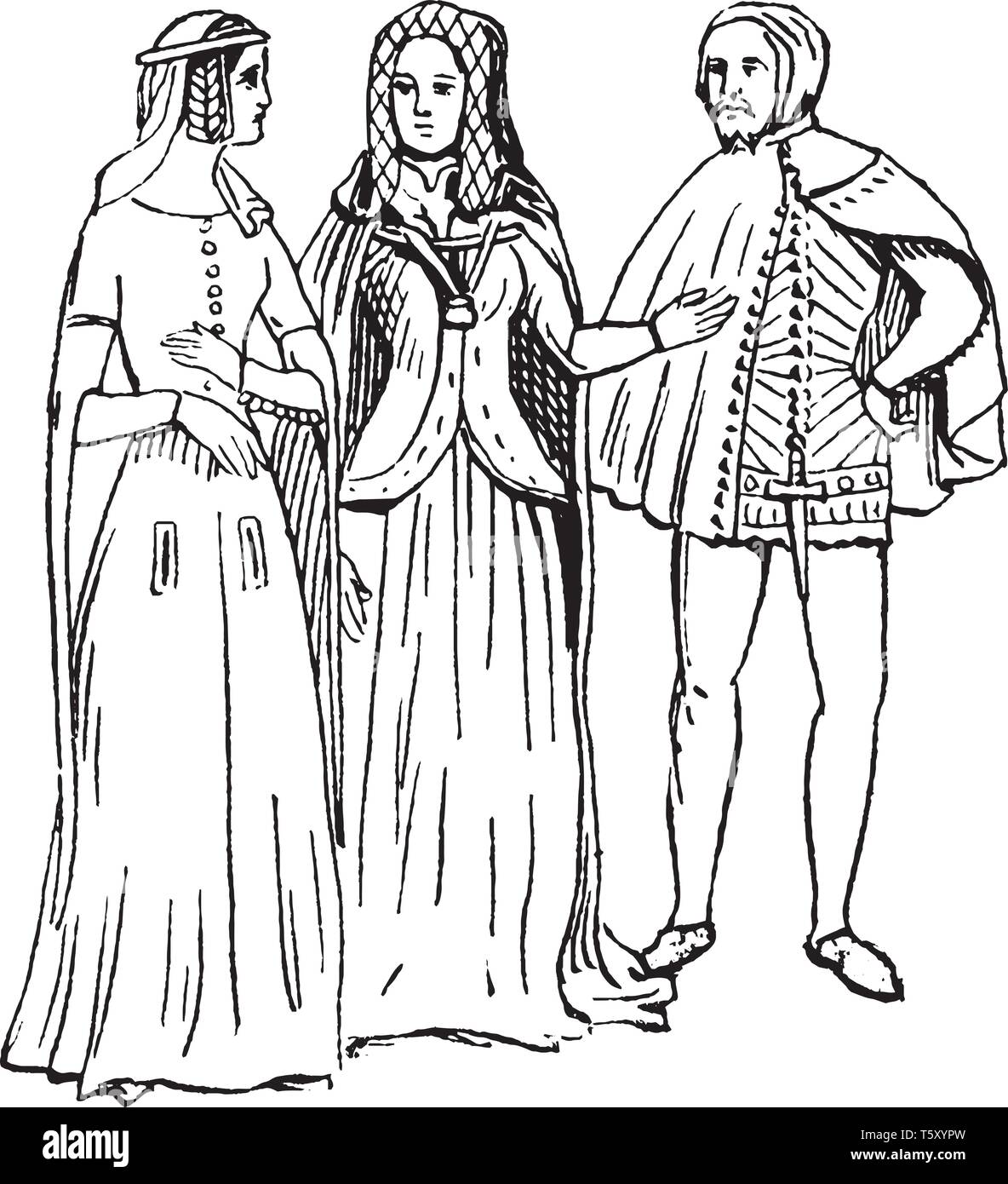 Traje inglés desde los tiempos de Edward III lleva la alta hennin del cual cuelga una Wisp de ropa, línea vintage de dibujo o ilustración de grabado Imagen Vector de stock