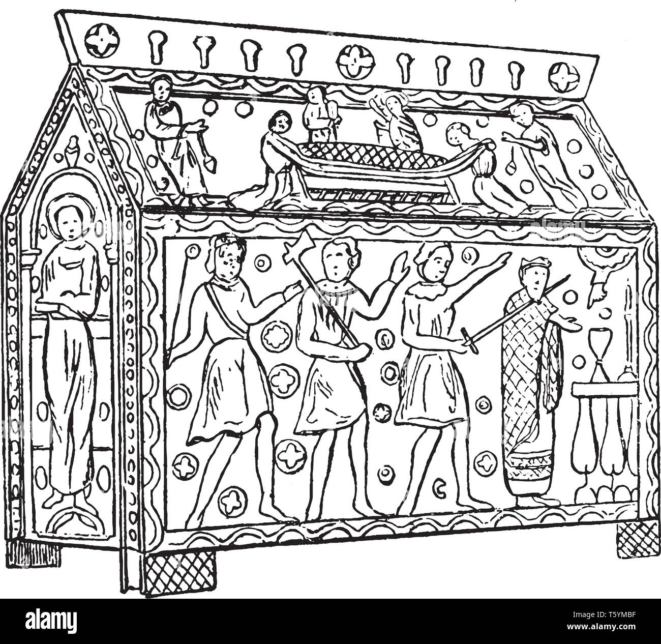 Santuario de Etherbert era el rey de los sajones y Oriental anteriormente en el altar mayor de la catedral de Hereford, grabado o dibujo de línea vintage illustrati Ilustración del Vector