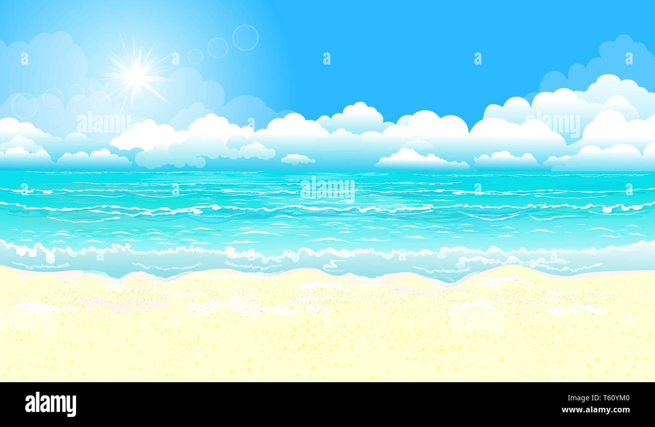 El paisaje de la costa tropical. Paisaje de la orilla del mar. Mar, cielo, sol y arena. Ilustración del Vector