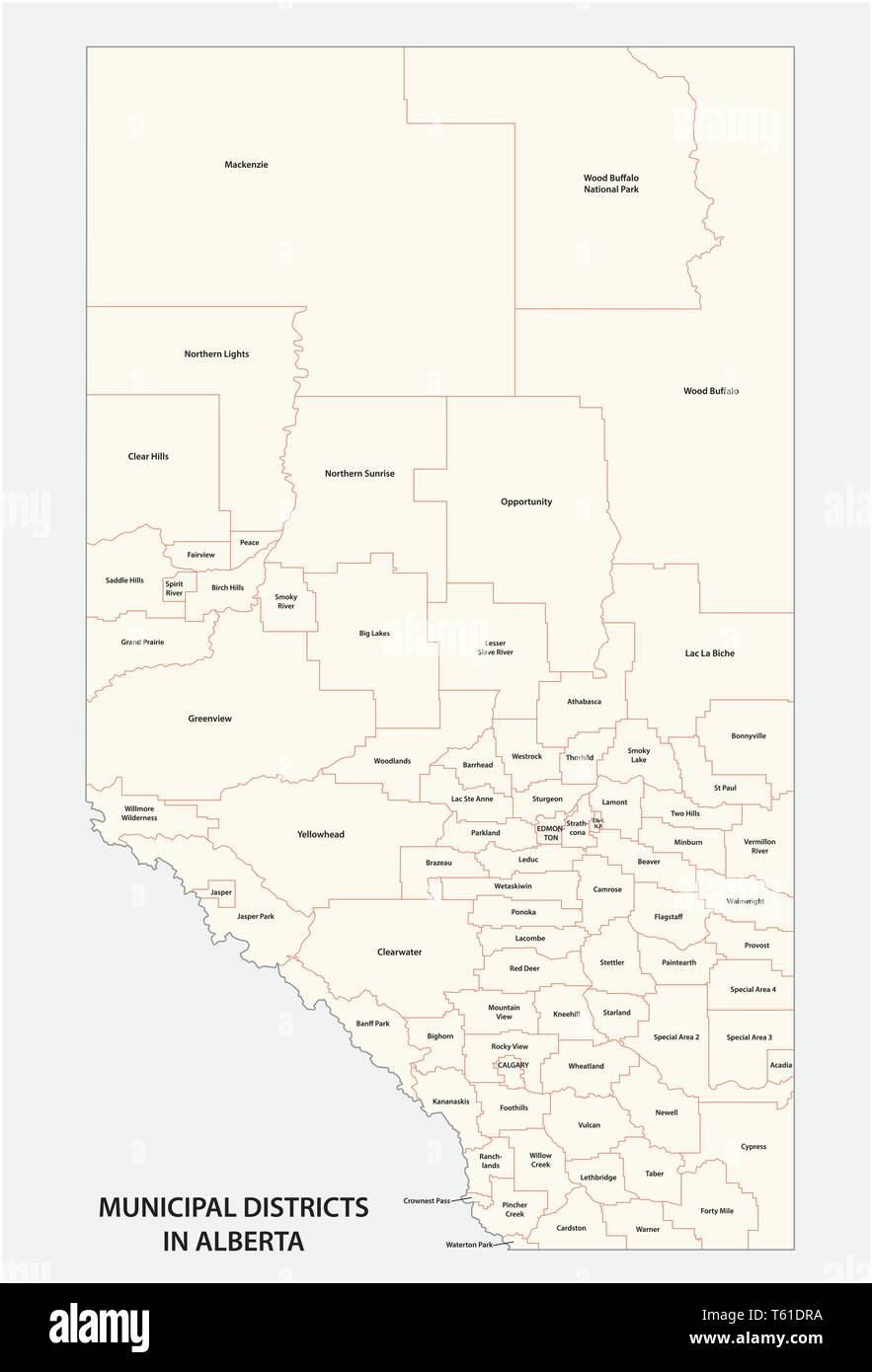 Distritos municipales en Alberta, Canadá mapa de vectores Ilustración del Vector