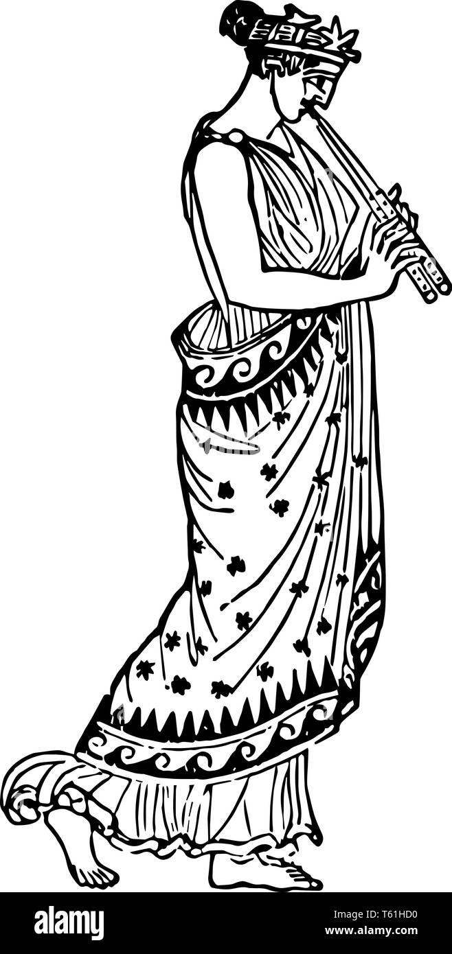 Grecian hembra con doble flauta vestido para la ocasión festiva, grabado o dibujo de línea vintage de la ilustración. Ilustración del Vector