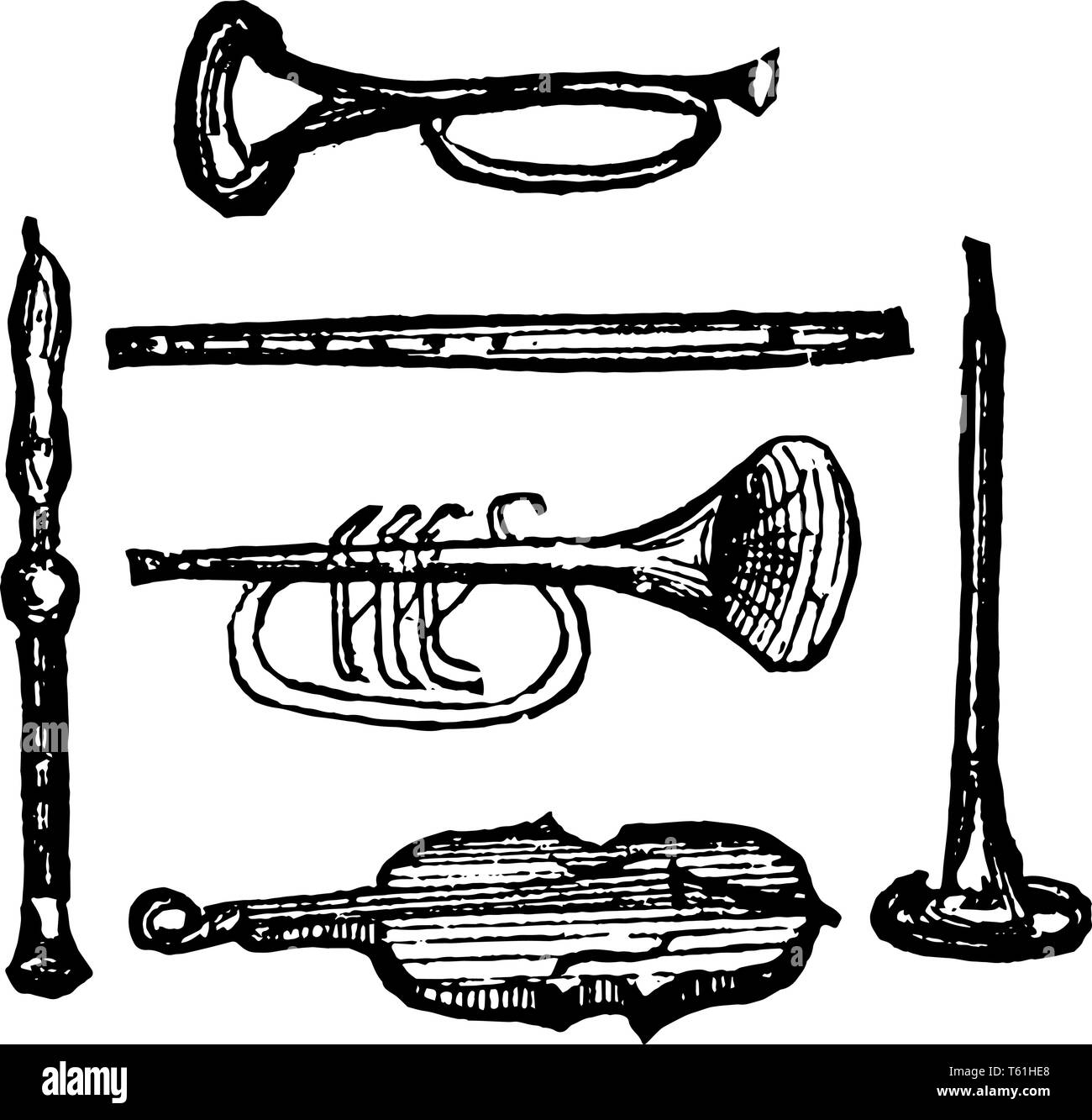 Invenciones instrumentos mediante los cuales los sonidos musicales son  producidos, grabado o dibujo de línea vintage de la ilustración Imagen  Vector de stock - Alamy