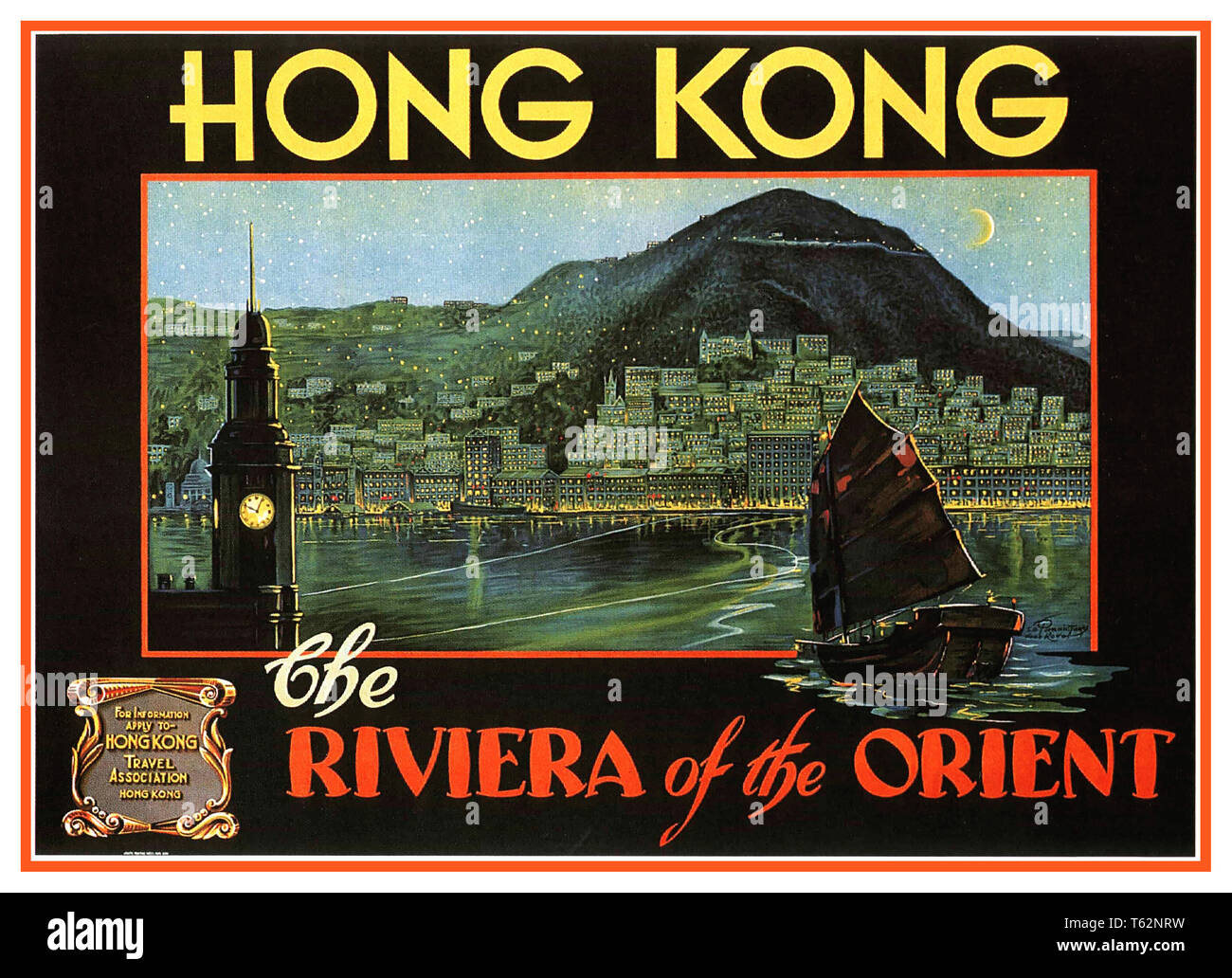 Vintage Hong Kong Viajes Riviera del cartel "Orient" 1930 vintage turístico de vacaciones de Turismo de Hong Kong Hong Kong póster con el barco basura Foto de stock