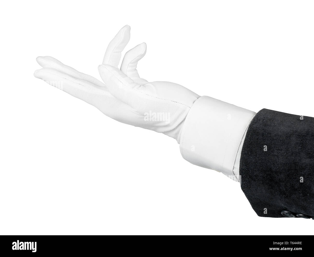 La mano de guante blanco y traje negro haciendo invitando, esperando o gesto exigente. Aislado en blanco, trazado de recorte incluido Foto de stock