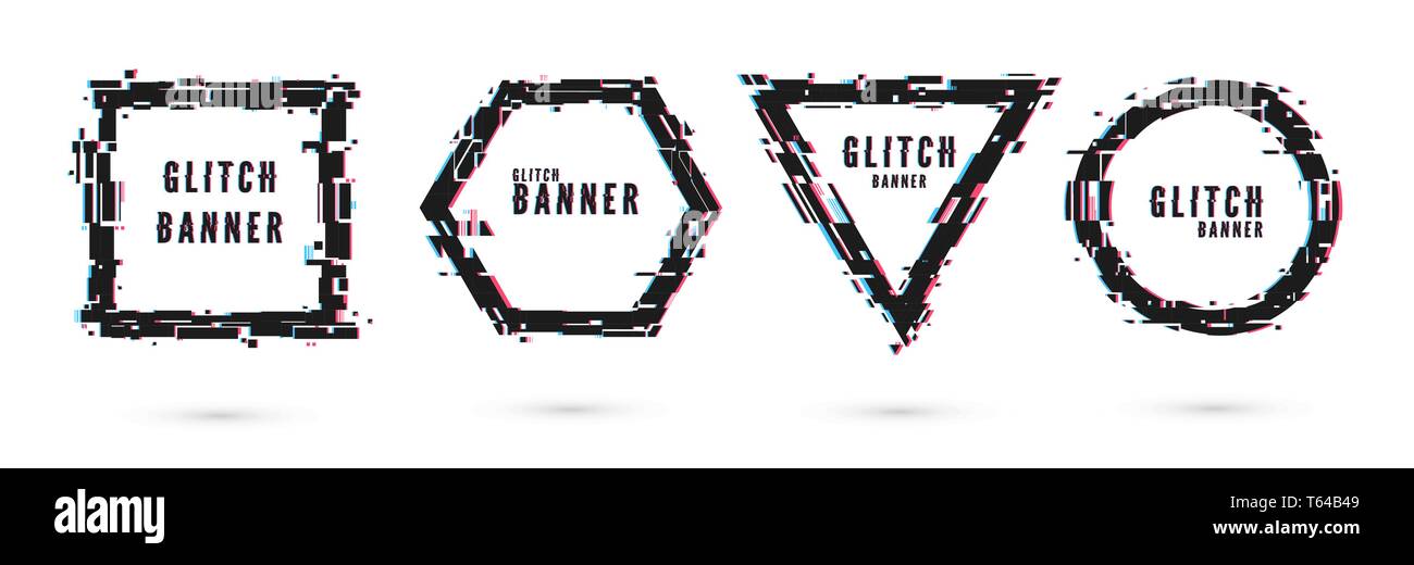 Conjunto de banners formas geométricas con glitch efecto. La deformación del bastidor. Ilustración vectorial aislado sobre fondo blanco. Ilustración del Vector