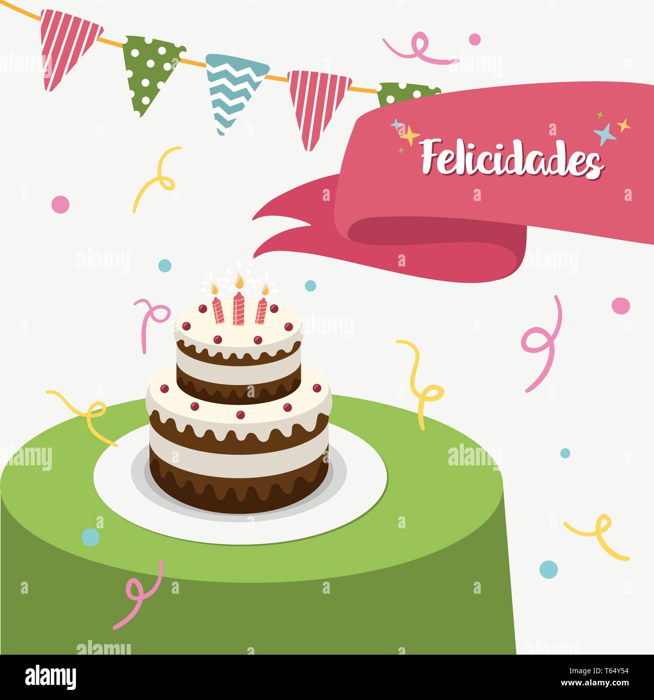Happy Birthday Party español tarjeta de felicitación con tarta y velas.  Ilustración vectorial Imagen Vector de stock - Alamy