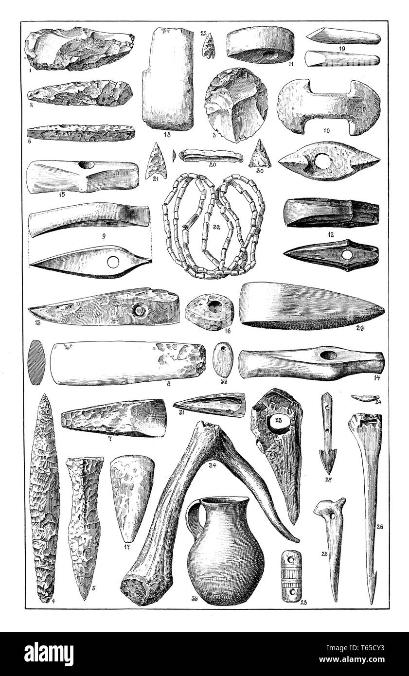 Las herramientas de la Edad de Piedra, las joyas y las armas. Berlín, Museo Real de Etnología, 1893 Foto de stock