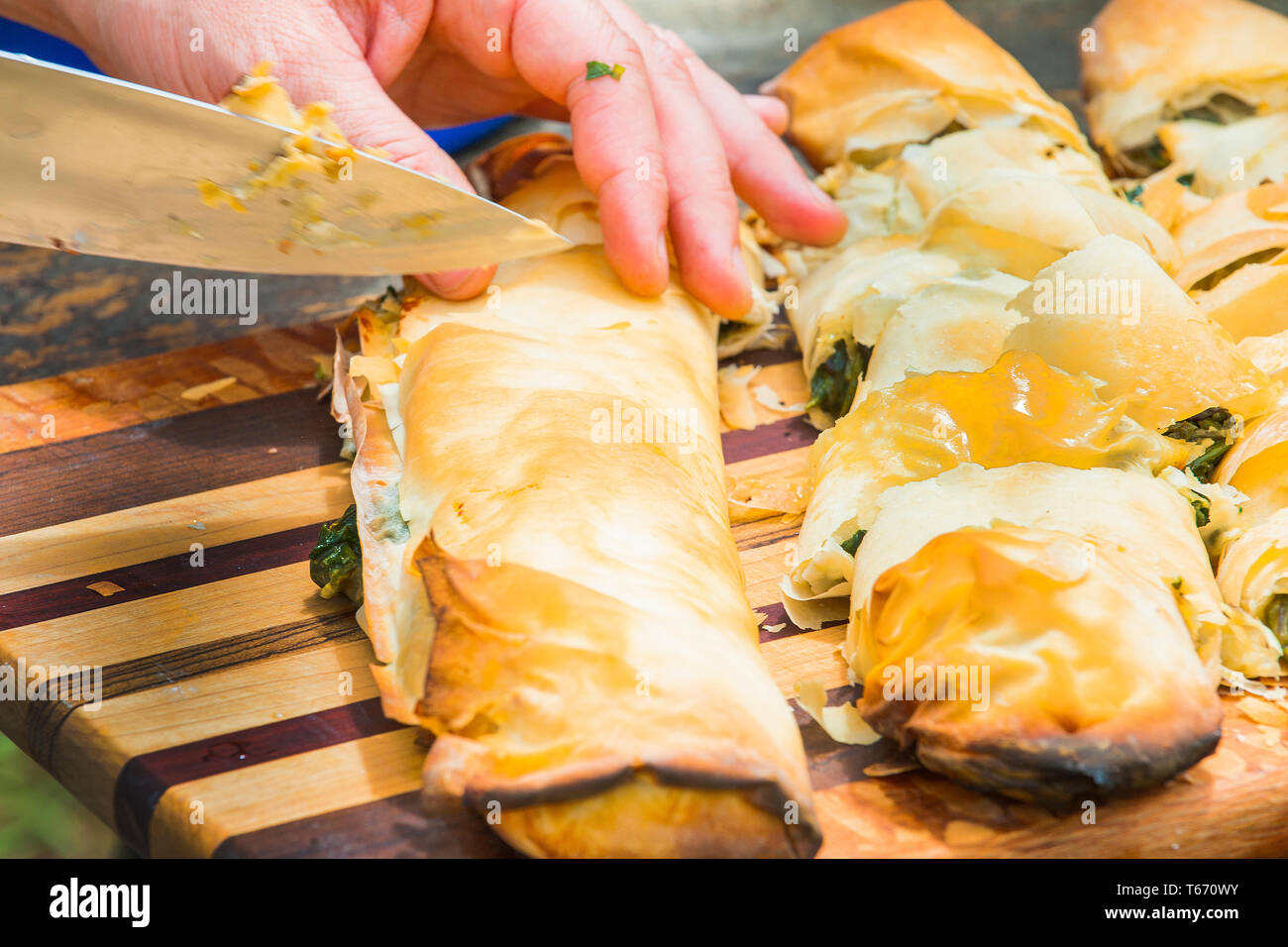 Primer plano de manos preparando spanakopita tarta de espinacas (griego). Foto de stock