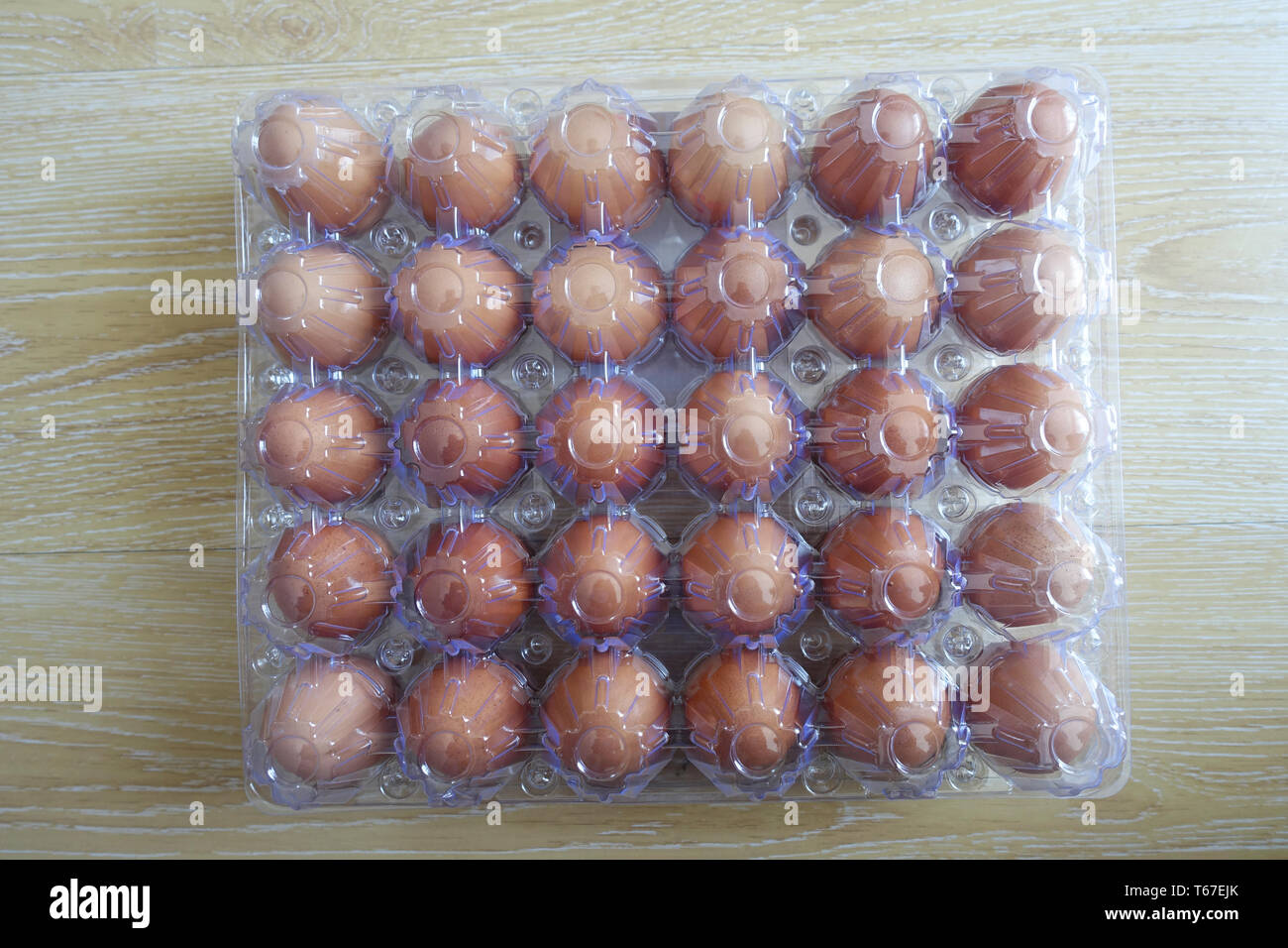 Una docena de huevos marrones en bandeja de plástico Foto de stock