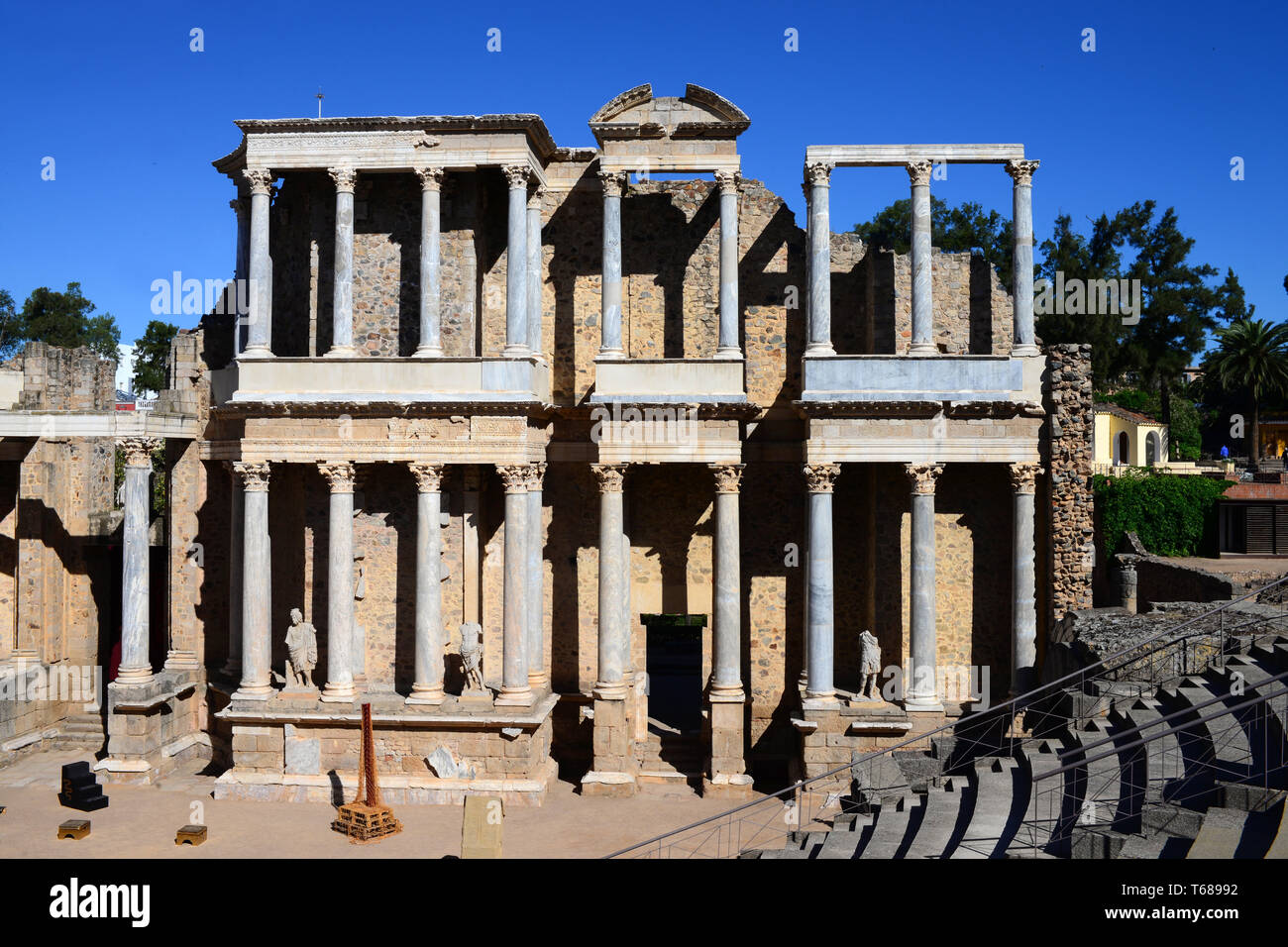 Teatro Romano de Mérida, construido en los años 16 y 15 AEC y promovido por el cónsul Vipsanius Agrippa en la ciudad romana de Emerita Augusta, capi Foto de stock