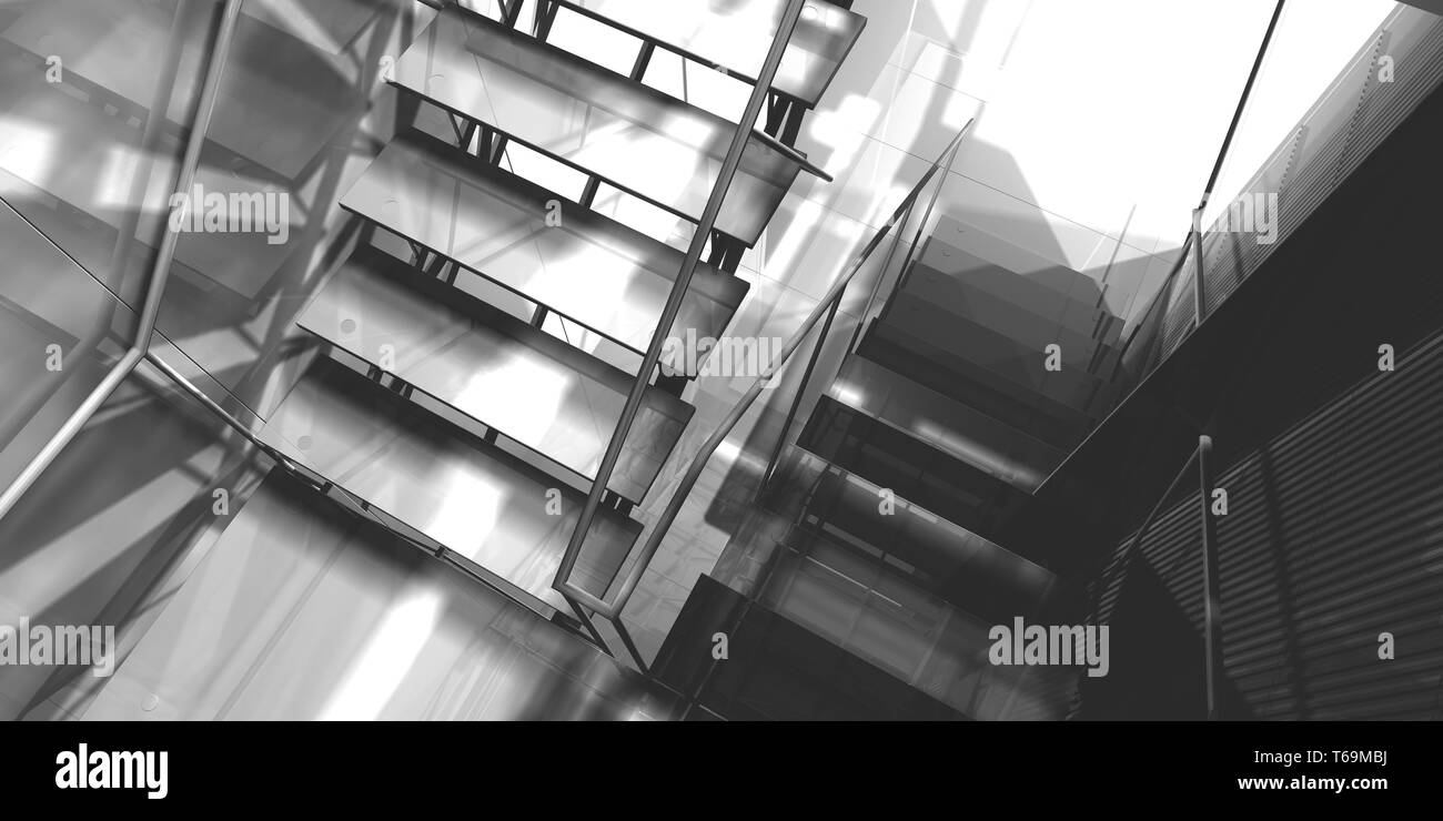 3D Rendering, en el lugar de trabajo. Oficina moderna interior, escaleras, limpiar espacio en el edificio de negocios Foto de stock