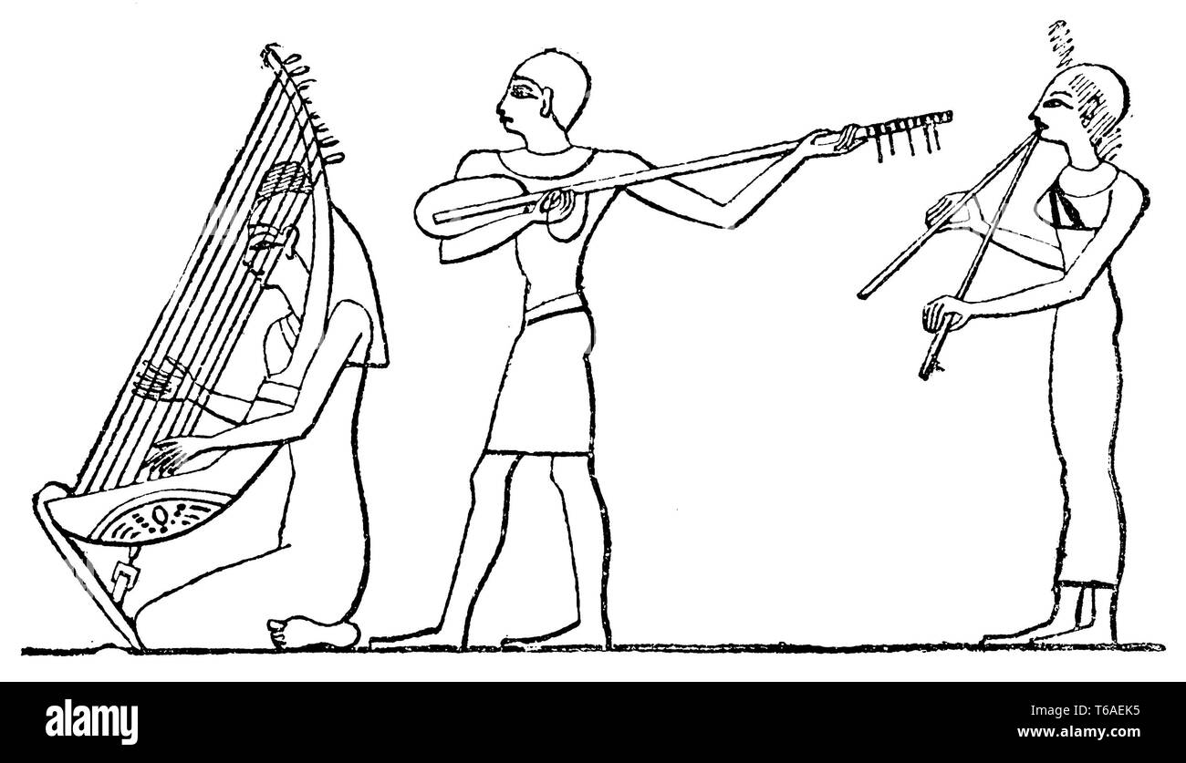 El antiguo egipcio arpa, guitarra y flauta doble, 1885 Foto de stock