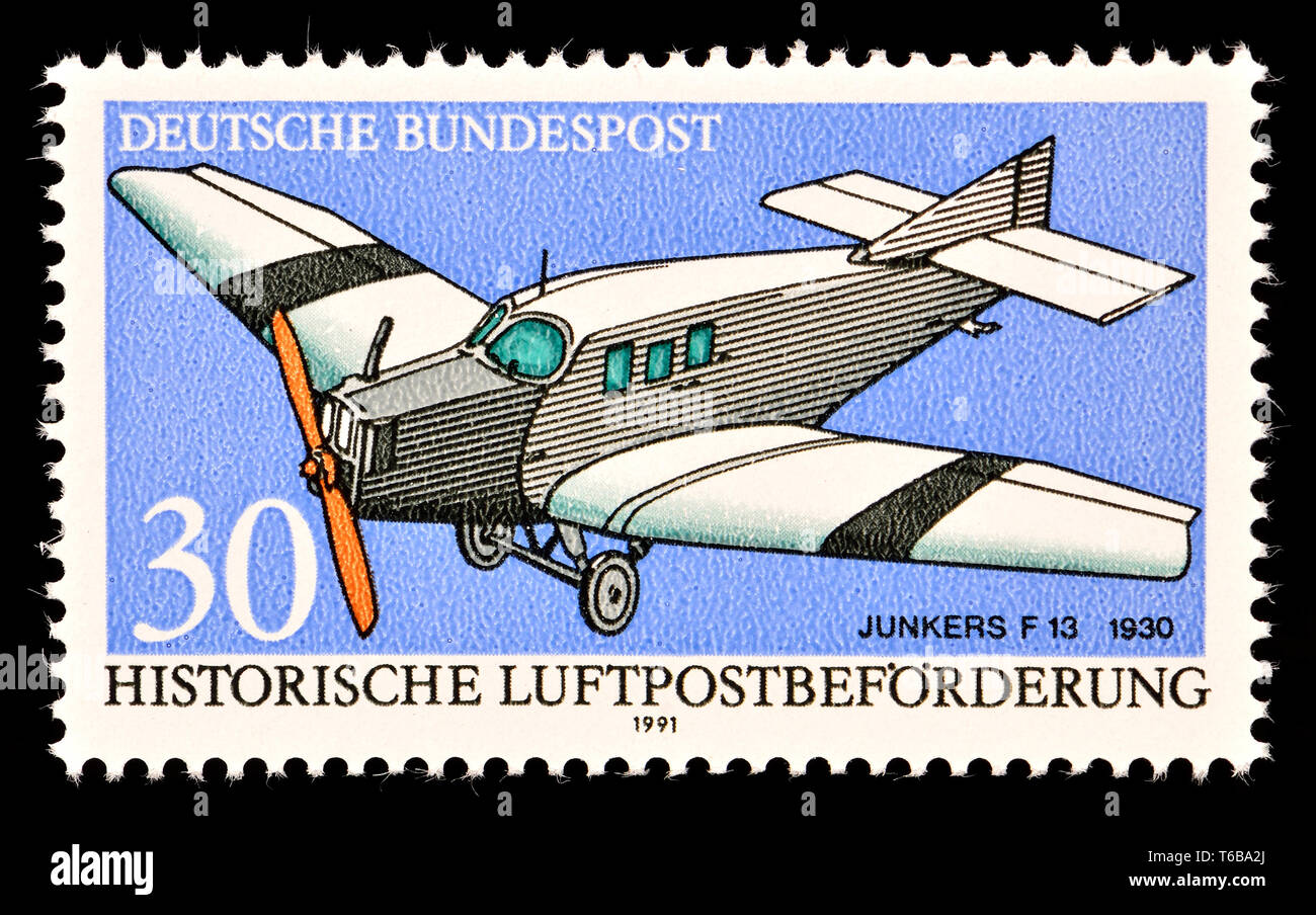Sello postal alemán (1991) Historia del correo aéreo : Junkers F13, 1930 Foto de stock