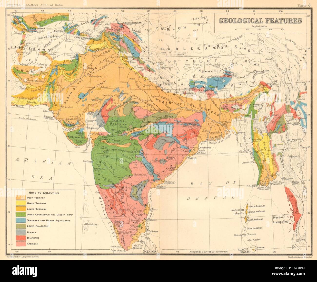 Mapa geológico de la India británica. Cretáceo terciario Archaean Purana Gondwana 1931 Foto de stock
