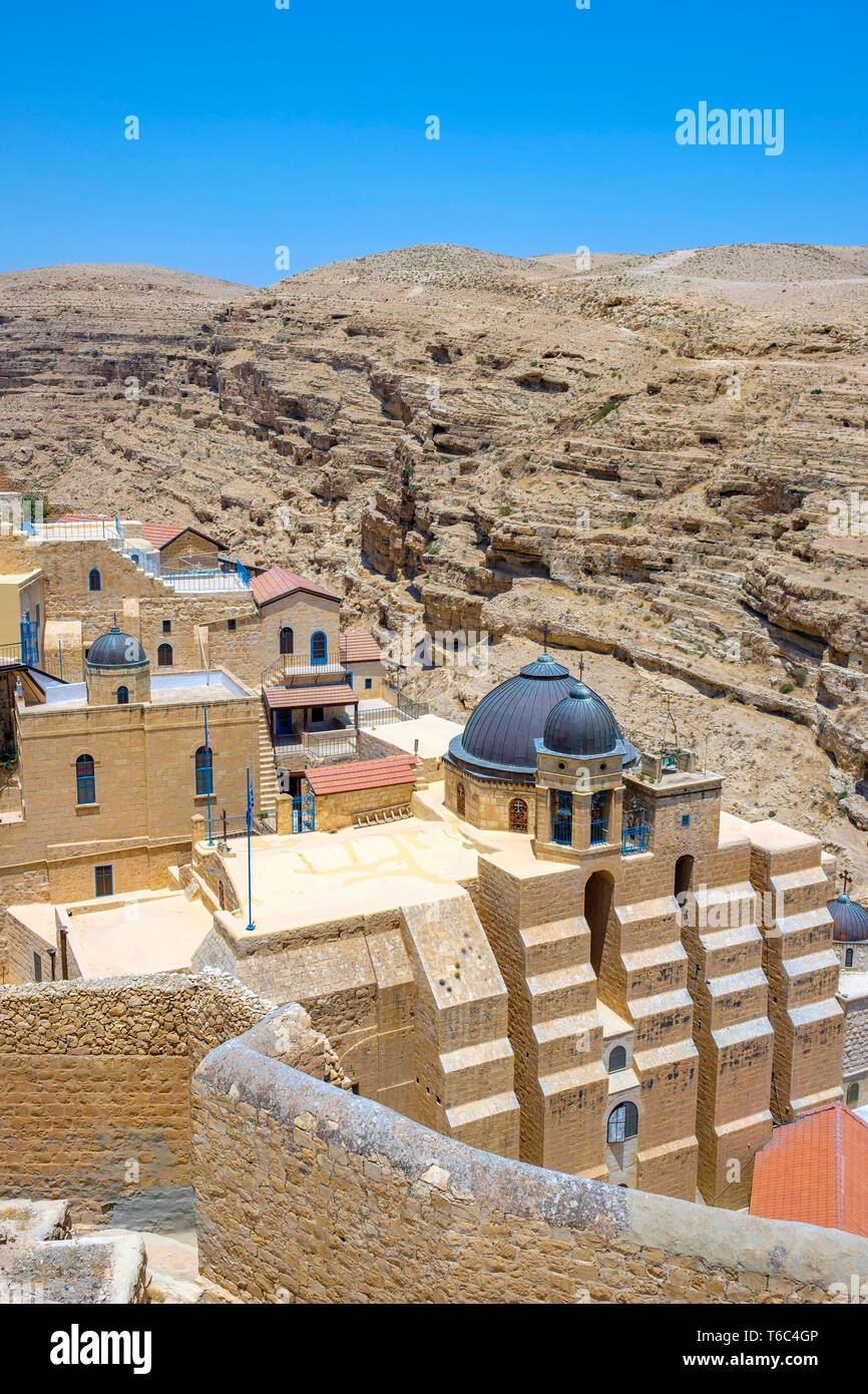 Palestina, Cisjordania, Belén, Al-Ubeidiya Gobernación. Mar Saba monasterio, construido en los acantilados del Valle Kidron en el desierto de Judea. Foto de stock