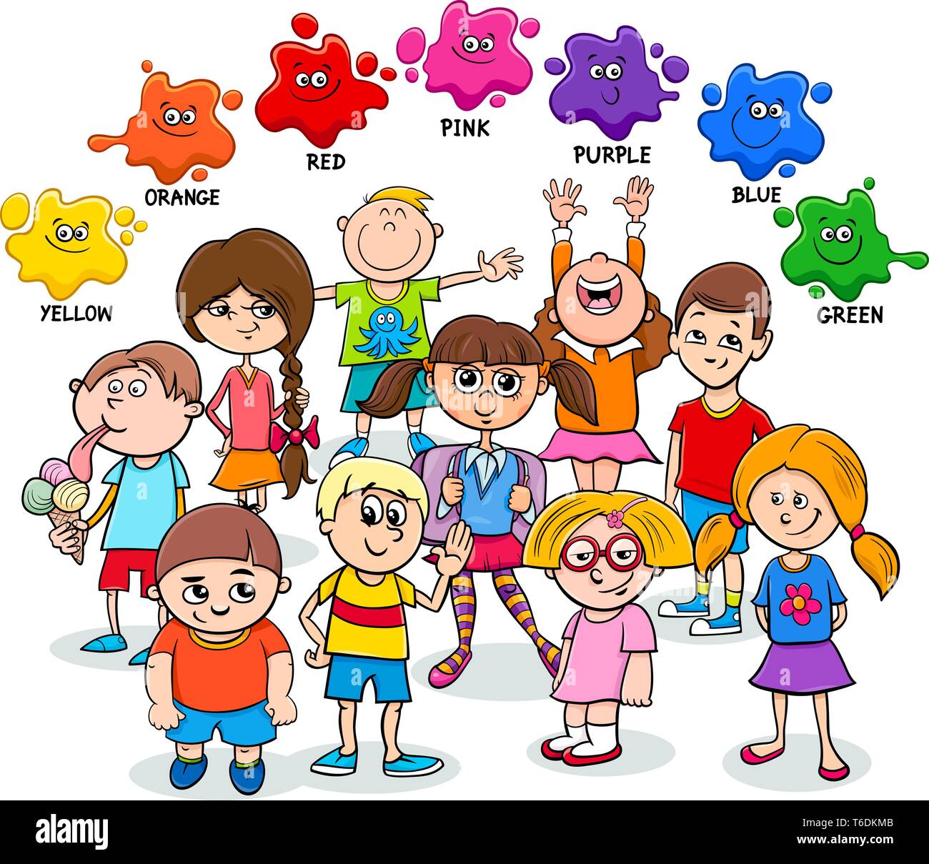 Ilustracion De Dibujos Animados De Colores Basicos Educativos Con Ninos Felices Caracteres De Hoja De Calculo Imagen Vector De Stock Alamy