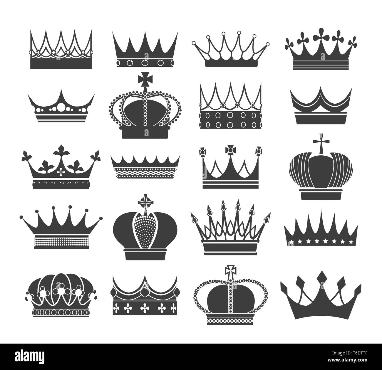 Retro corona siluetas. Coronas de antiguos nobles, vector del patrimonio  real y símbolos heráldicos aislado sobre fondo blanco Imagen Vector de  stock - Alamy