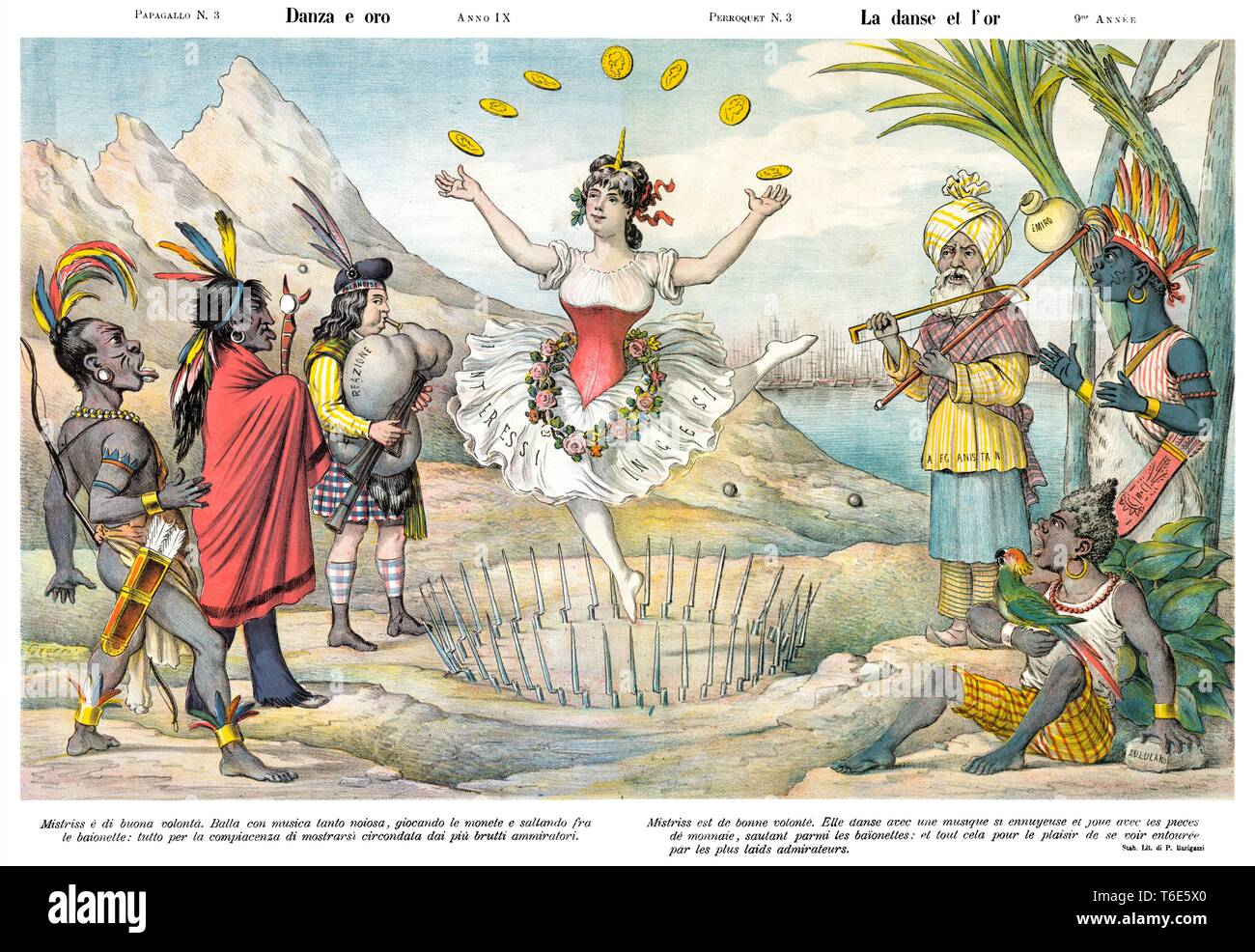 La danza y el oro, por caricatura satírica semanal Il Papagallo 1881 Foto de stock